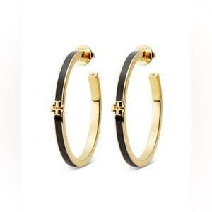 Tory Burch Large Icon Enamel Black & Gold Hoop Earrings New Retail:$150
